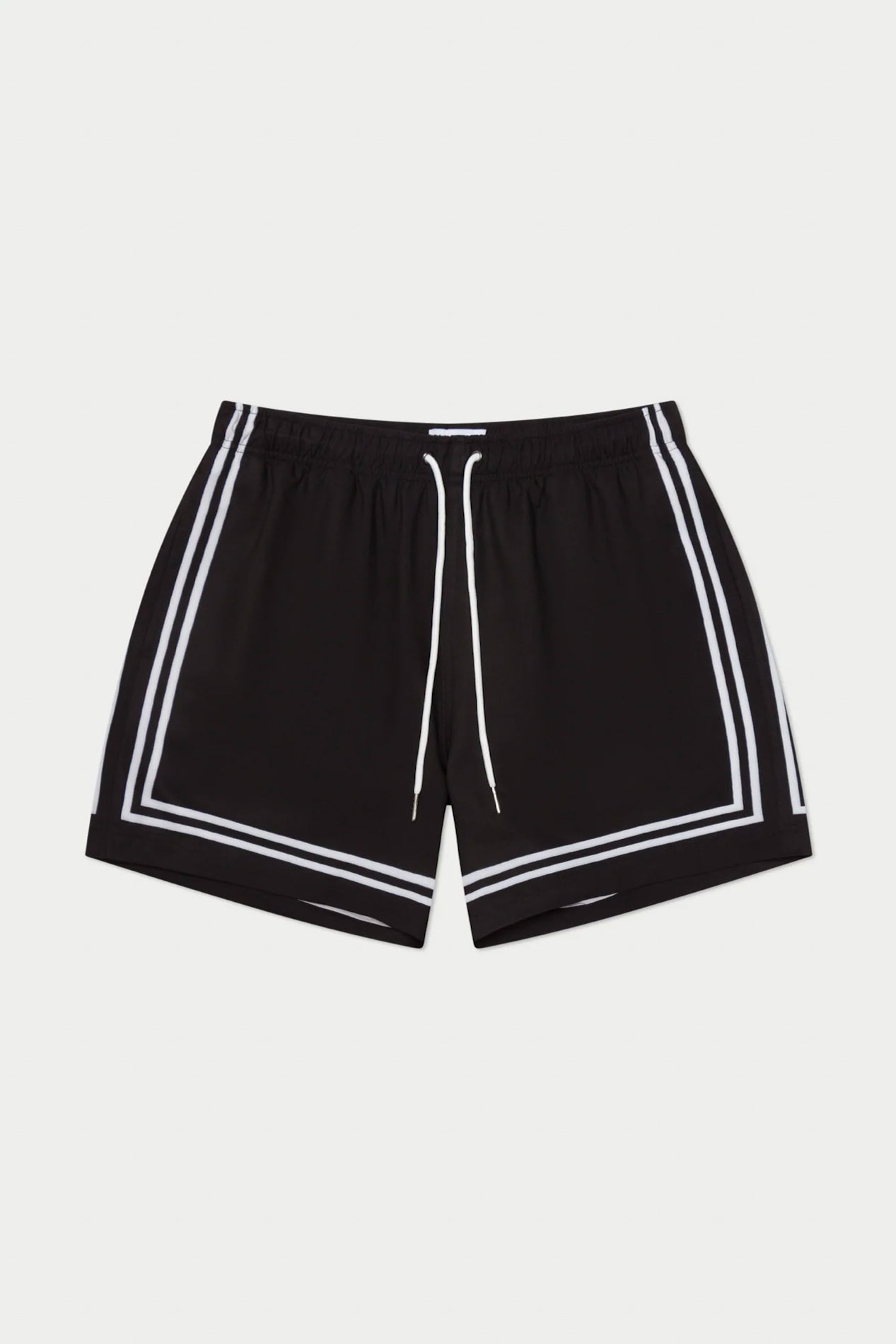 Black athletic shorts with white trim and drawstring