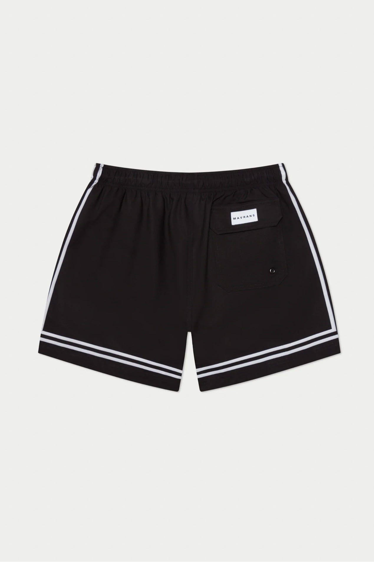 Black athletic shorts with white stripes and a back pocket