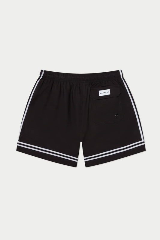 Black athletic shorts with white stripes and a back pocket