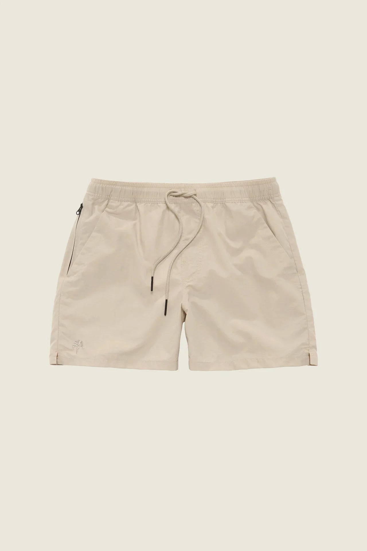 Beige swim shorts with an elastic waistband and drawstring