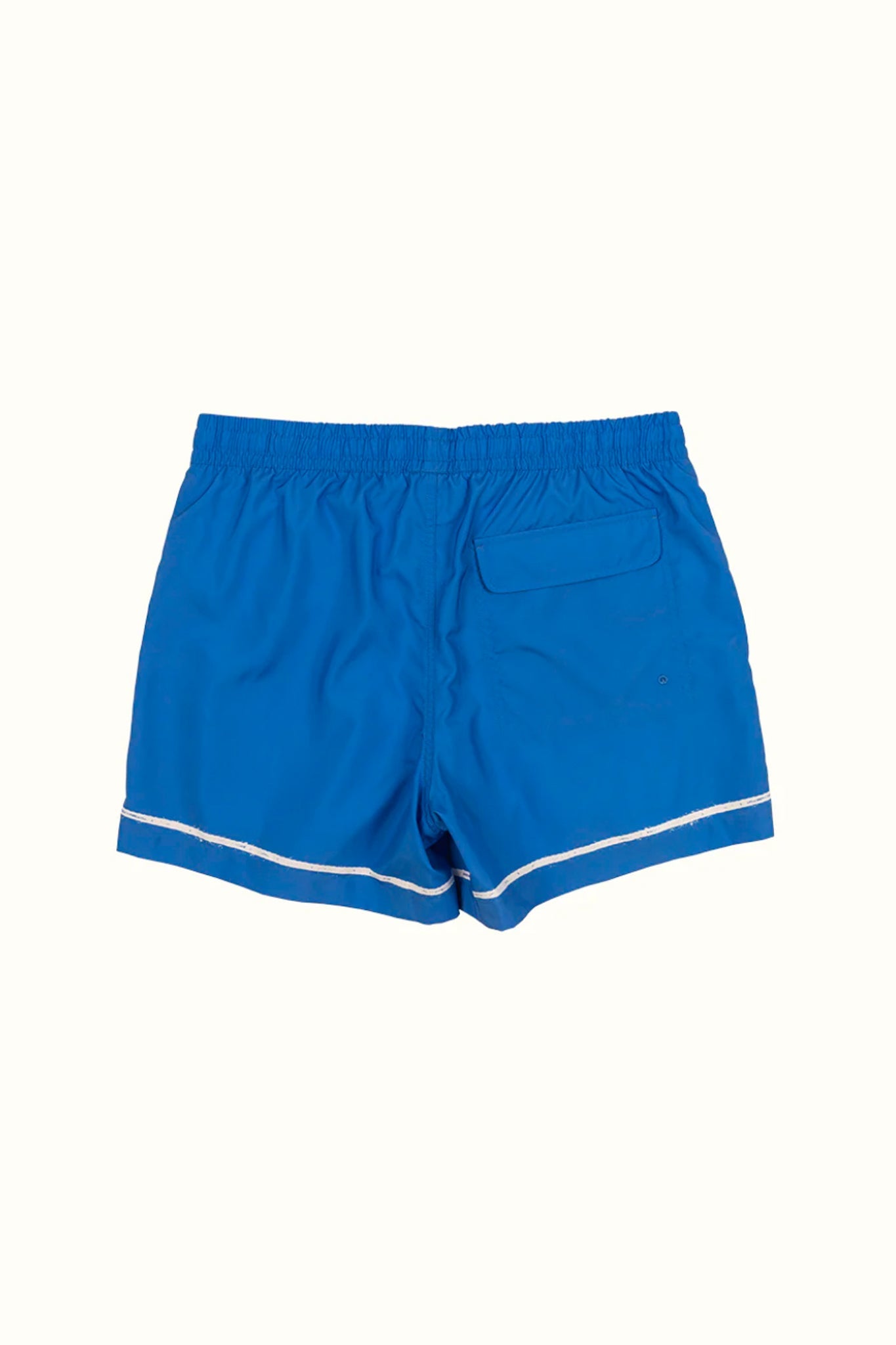 Blue swim shorts with white trim and back pocket