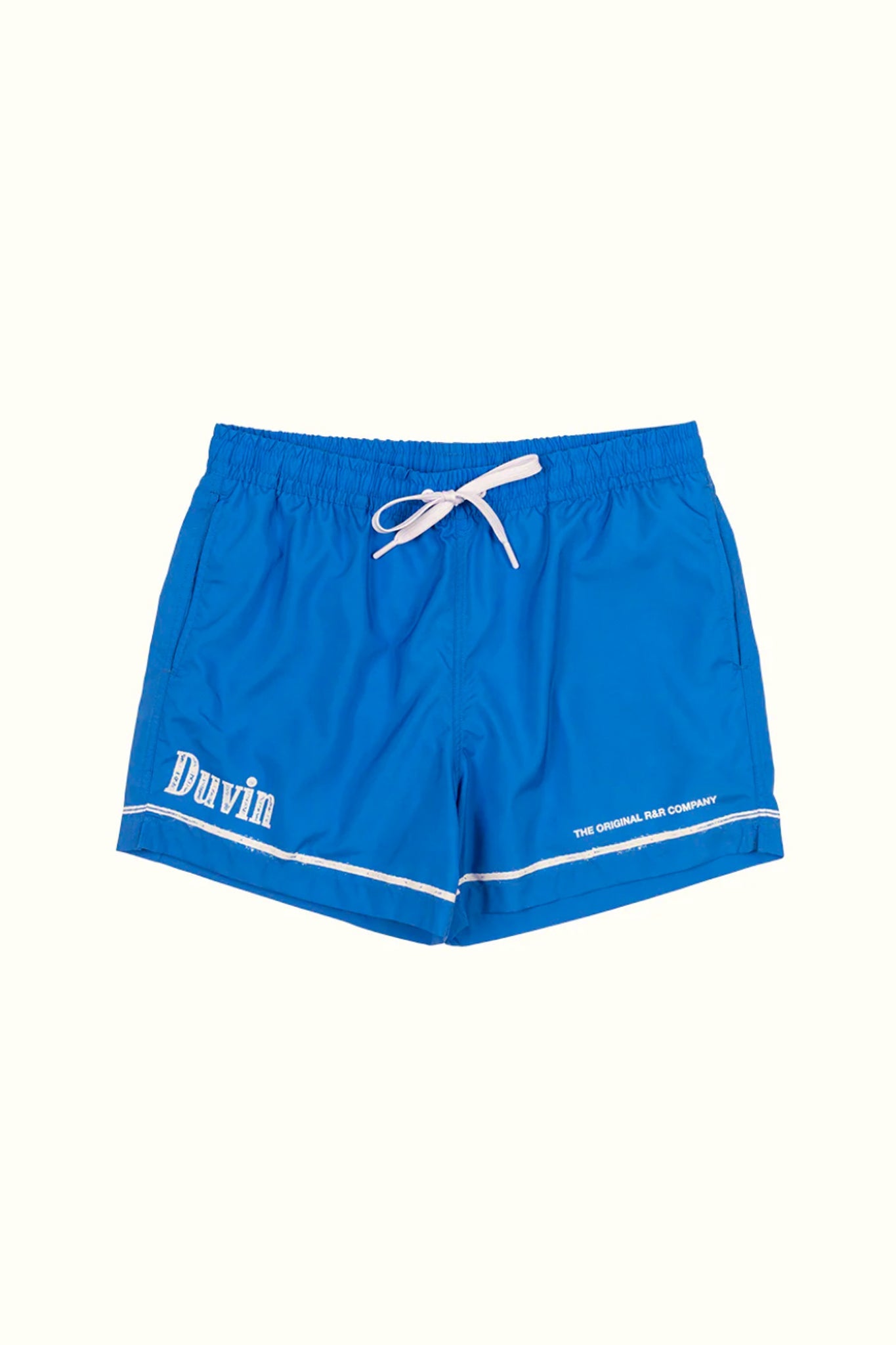 Blue swim shorts with white drawstring and 'Duvin' logo