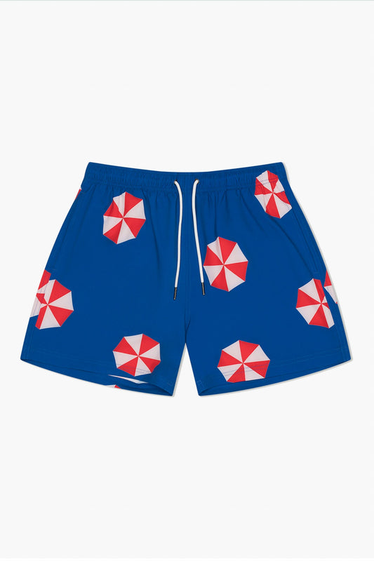 Blue shorts with red and white umbrella pattern