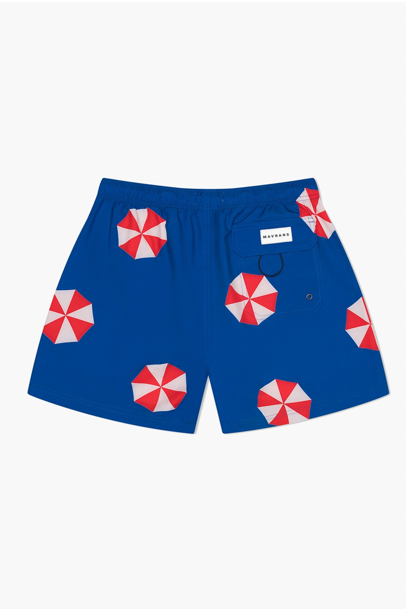 Blue swim shorts with red and white umbrella pattern