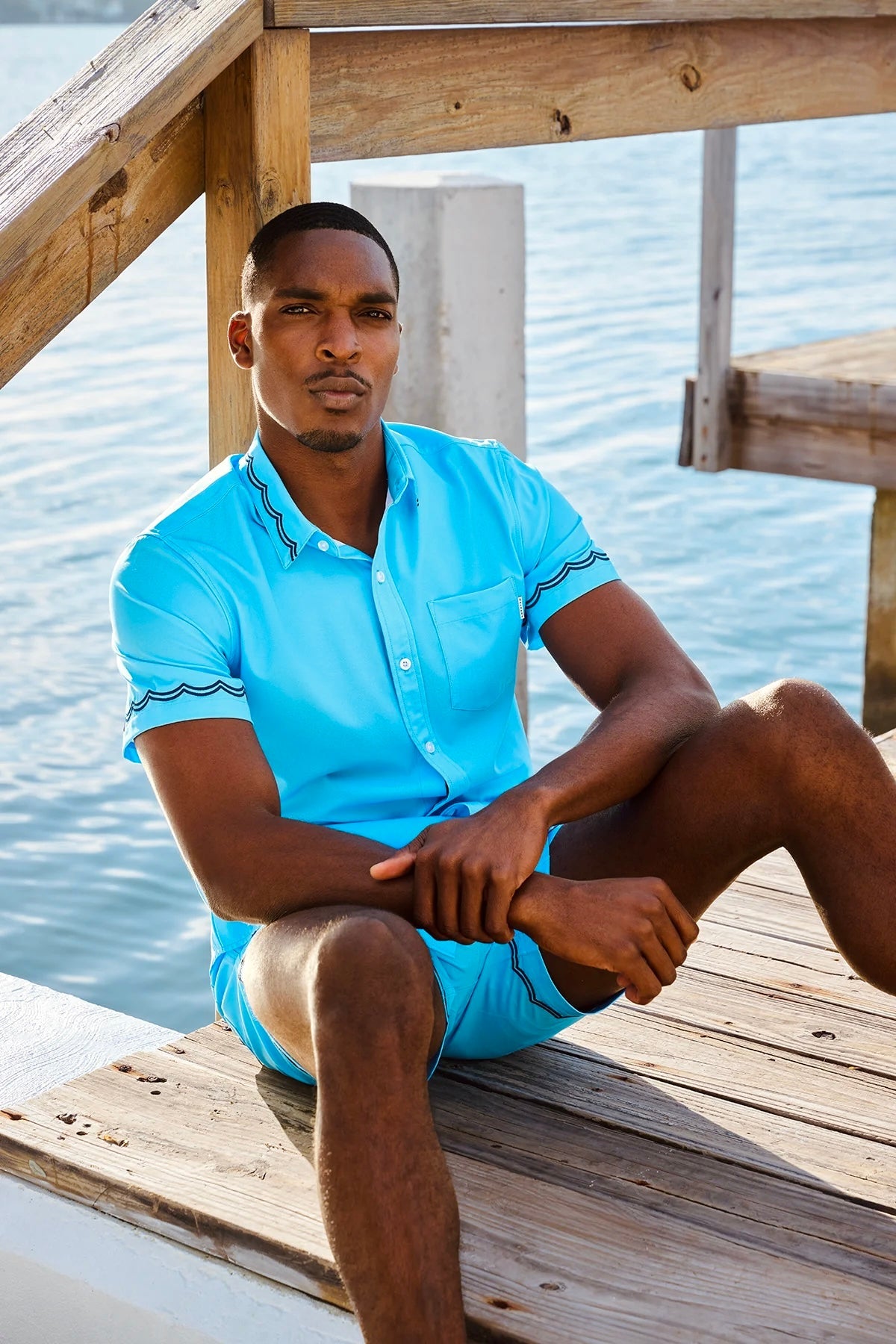 Blue Wavy Stitch Swim Short